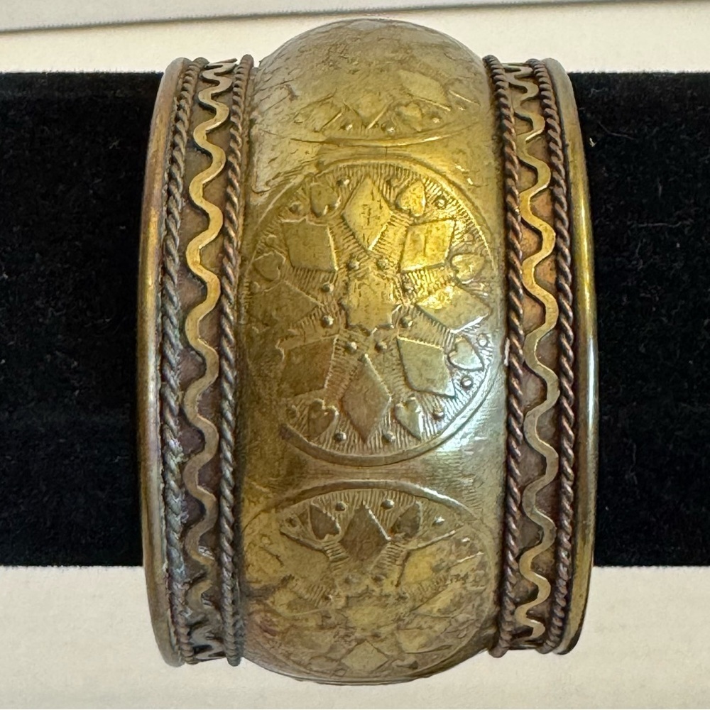 Vintage Brass Embossed Etched Wide Chunky 6.9" Cuff Bracelet Bohemian Jewelry